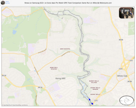 Strava on Samsung S22+ vs Coros Apex Pro Watch GPS Track Comparison Same Run